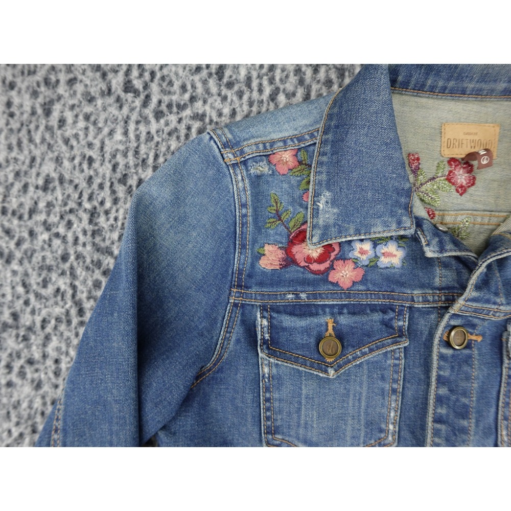 Driftwood Geena Denim Jacket Womens Small Blue Floral Embroidered Distressed - Picture 2 of 11